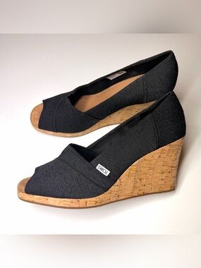 TOMS Women's Classic Espadrille Wedge Open Toe BLACK Sandals Size - 12
